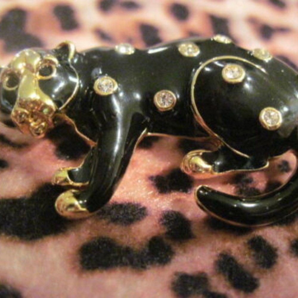 FLASH SALE Daniel Swarovski Signed Leopard Brooch crystals & black enamel Rare